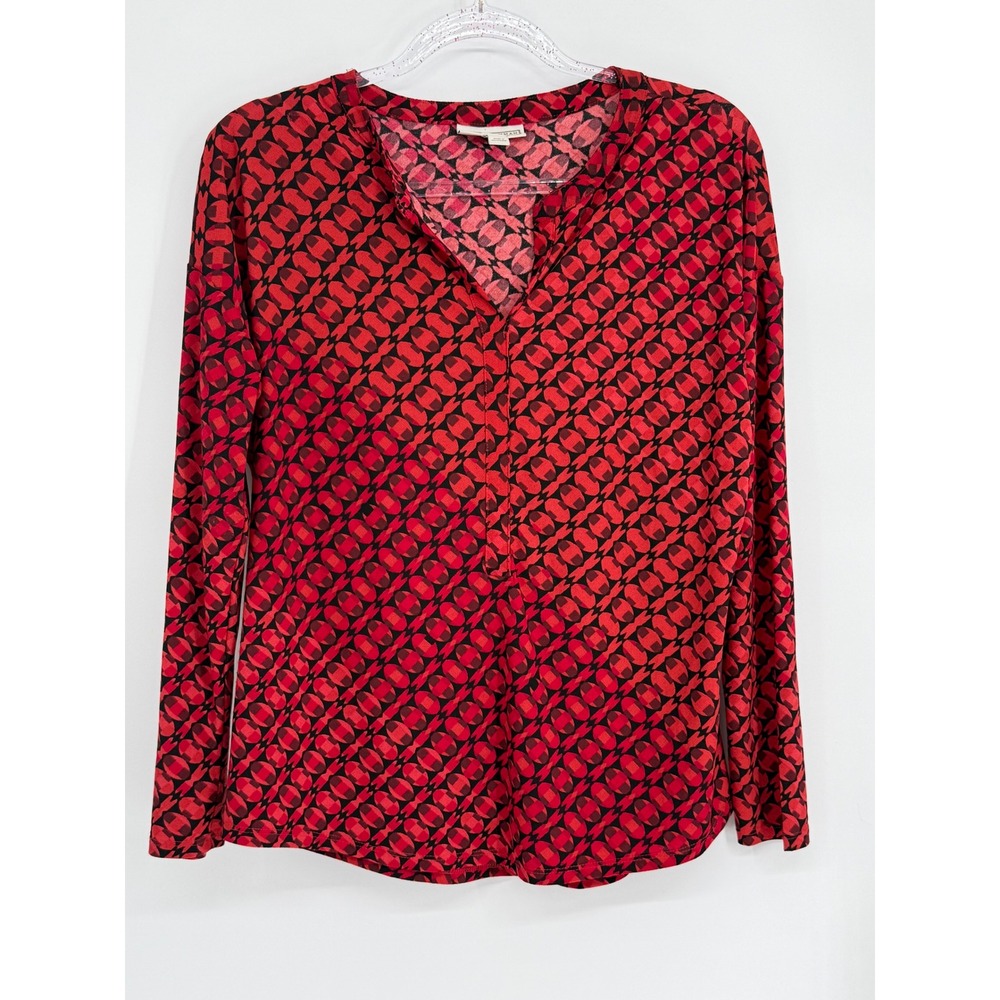 Dana‎ Buchman Womens Red Black Geometric Print V-Neck Long Sleeve Knit Top Sz M